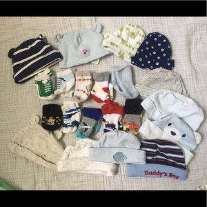 21 piece lot of beanies & socks baby boy or girl